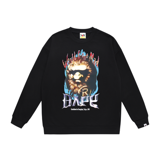 BAPE "World Gone Mad" Flame Ape Head Crew-Neck Sweatshirt