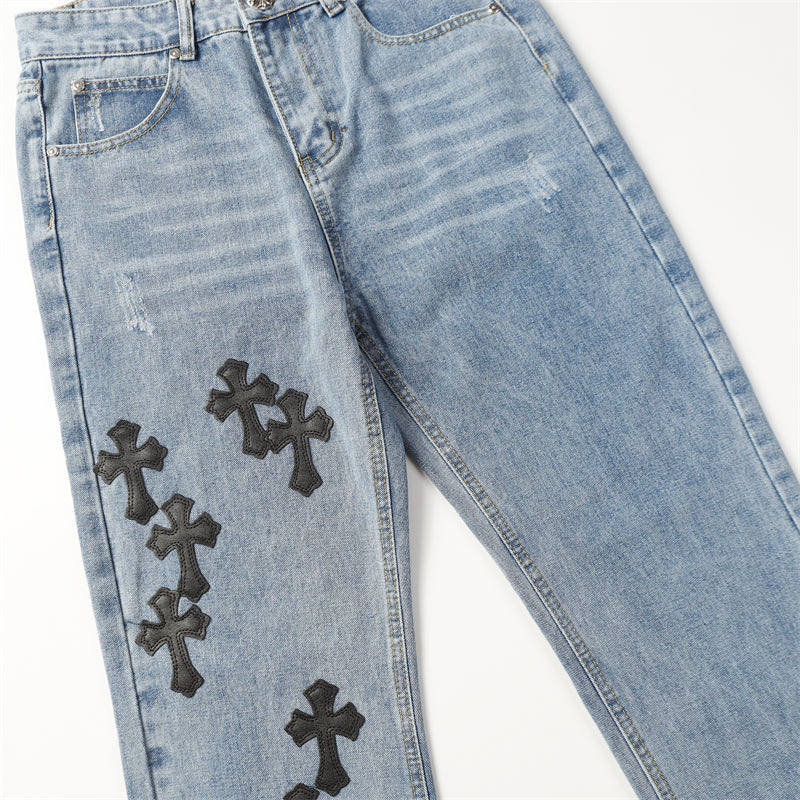 Chrome Hearts Distressed Denim Jeans | Stretch Tapered Fit